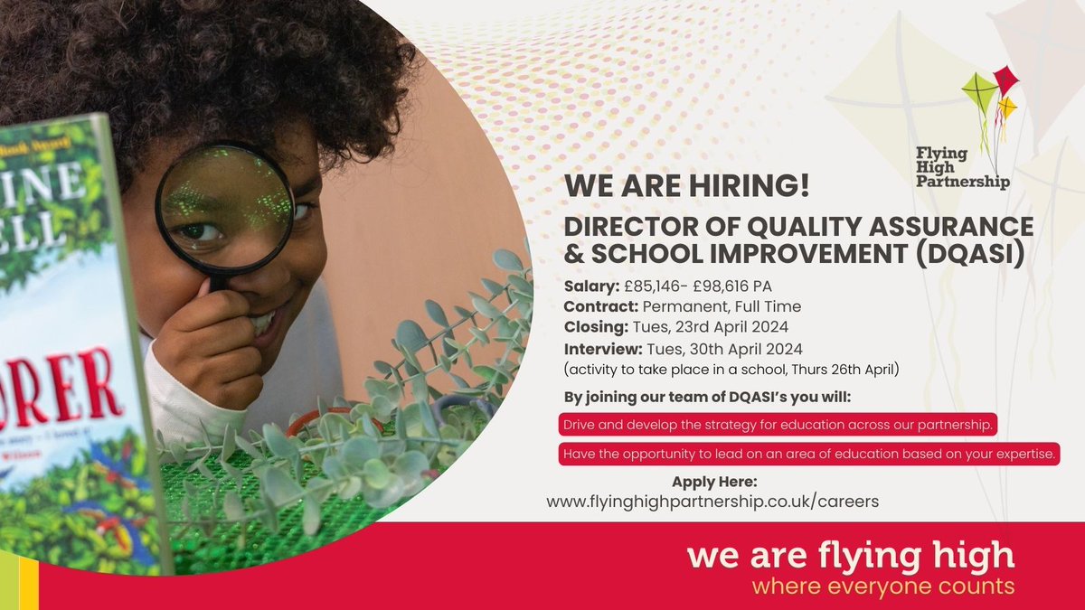 📣 CLOSING TOMORROW AT 9AM! 📣

The opportunity to apply to join Flying High as a Director of Quality Assurance and School Improvement (DQASI) 💫

Apply now 📲 flyinghighpartnership.co.uk/job/?Category=…

#TrustLeaders #hiring #educationjobs #EducationLeadership #weareflyinghigh #jobswithpurpose