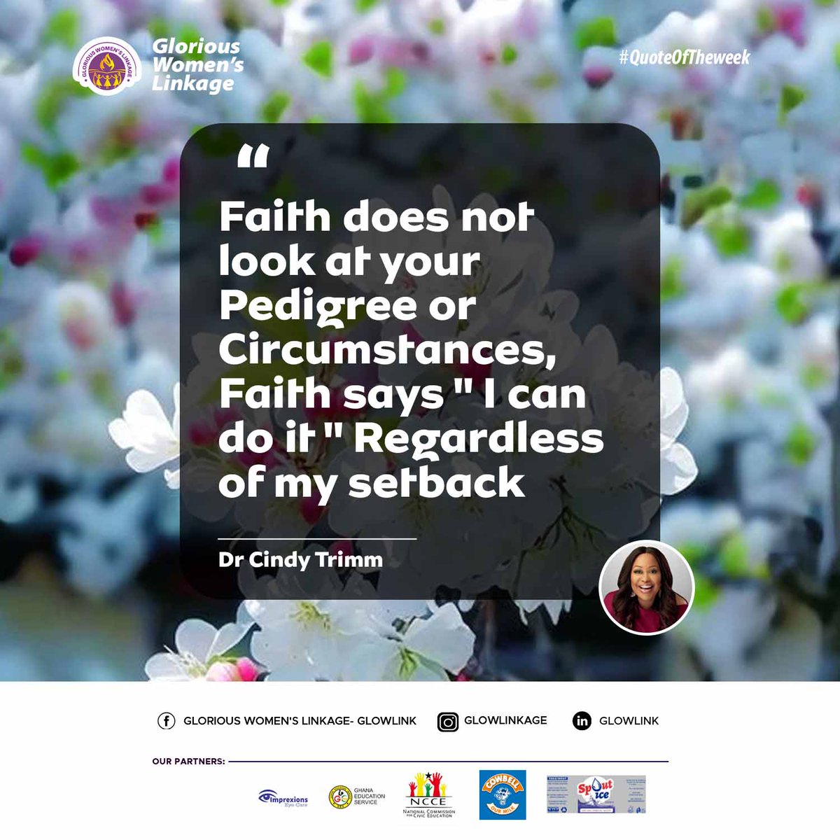 Faith does not look at your Pedigree or Circumstances, Faith says ' I can do it ' Regardless of my setback

Dr. Cindy Trimm

#GLOWLINK #FaithOverCircumstances #BelieveInYourself #OvercomeSetbacks #faithquotes