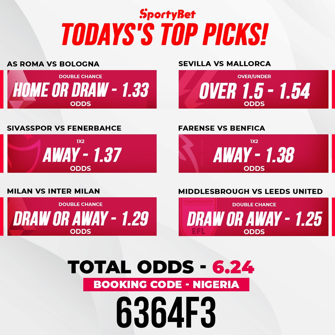 🔥 Today's top picks are in and they're hot! With odds of 6.24 and high winning potential, let's kick off the week with a win! Load the 🇳🇬 booking code 6364F3 ➡️ sporty.bet/load_booking_c…💰 #GetSporty #BetSporty on #TopPicks