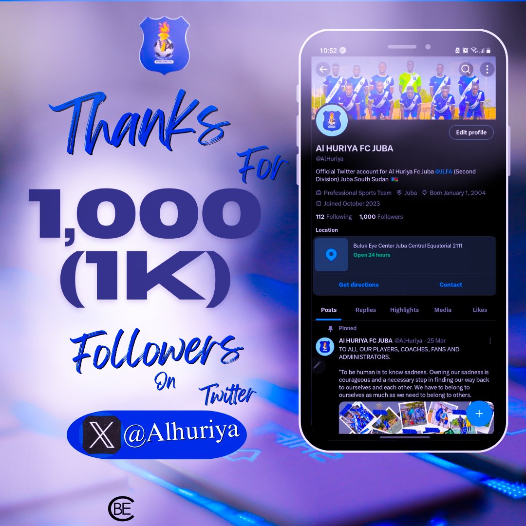 Thanks for 1000 followers on Twitter 

Official we become the first SOUTH SUDANESE 🇸🇸 team to hit the Mark of 1k on Twitter and we thank everyone for supporting us.

#southsudanfootball 
#SecondDivision 
#JLFA 
#longlivehuriya 
#flames 
#Sports 
#ssox 
#ssot
#1kfollowers