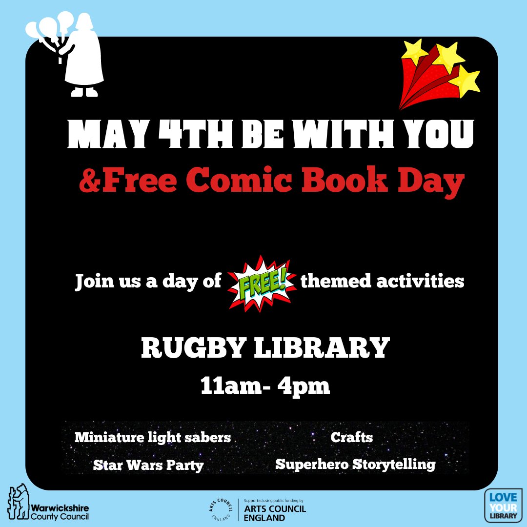 Have you got The Force? Then join us on #Maythe4thBeWithYou and #FreeComicBookDay at Rugby Library! Find out more at eventbrite.co.uk/cc/may-the-4th… PLUS, @RugbyGallery are offering workshops and free comic books on the day to celebrate? Find out more at ragm.co.uk/comicbook