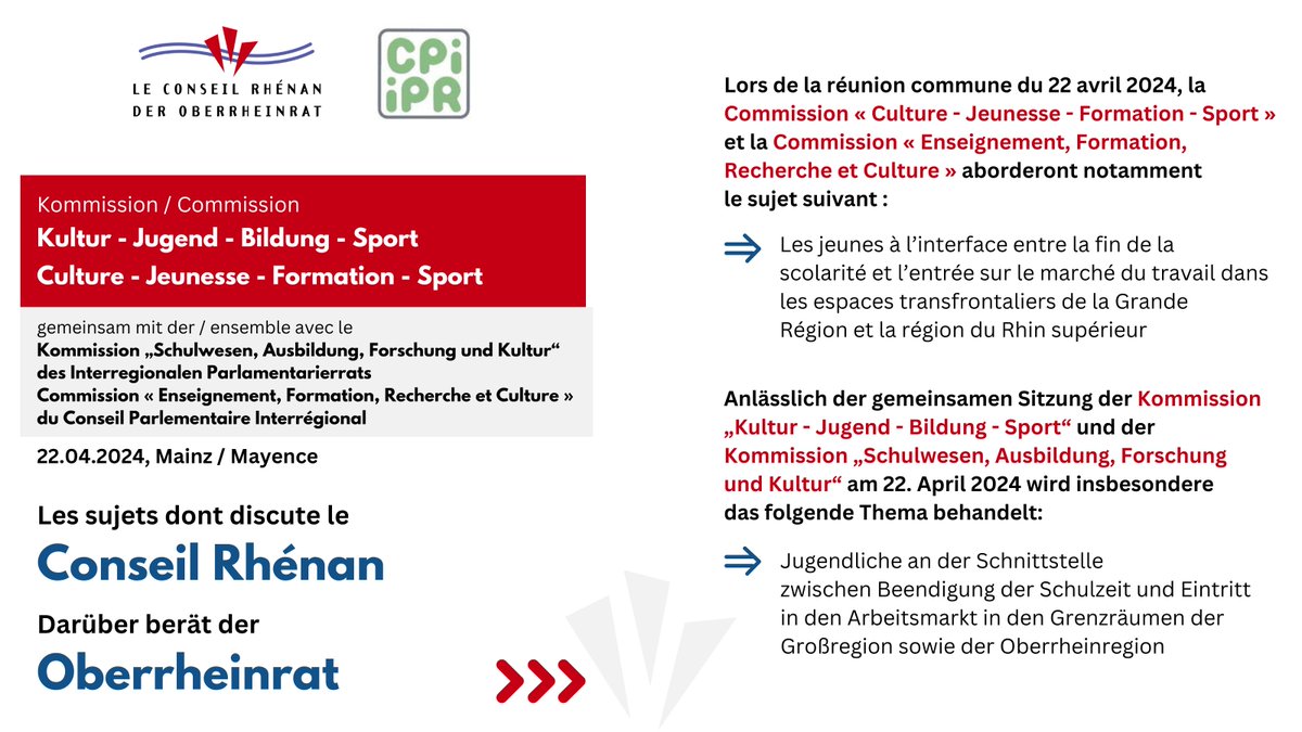 Heute gemeinsame Sitzung von Oberrheinrat und Interregionalem Parlamentarierrat in Mainz. Mehr Informationen👇 
➖➖➖
Aujourd'hui, réunion commune du Conseil Rhénan et du Conseil parlementaire Interrégional à Mayence. Plus d'informations 👇
