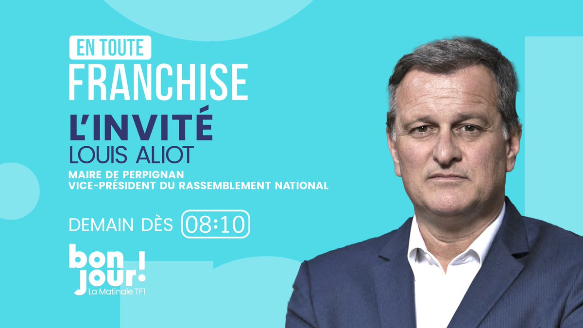 🔴 𝐃𝐞𝐦𝐚𝐢𝐧

🗣️ L'invité d'𝐄𝐧 𝐓𝐨𝐮𝐭𝐞 𝐅𝐫𝐚𝐧𝐜𝐡𝐢𝐬𝐞 avec 𝐀𝐝𝐫𝐢𝐞𝐧 𝐆𝐢𝐧𝐝𝐫𝐞 (@agindre) sera 𝐋𝐨𝐮𝐢𝐬 𝐀𝐥𝐢𝐨𝐭 (@louis_aliot), maire de Perpignan et vice-président du RN (@RNational_off)

⏰ #EnTouteFranchise dès 8h10 dans #BonjourLaMatinaleTF1