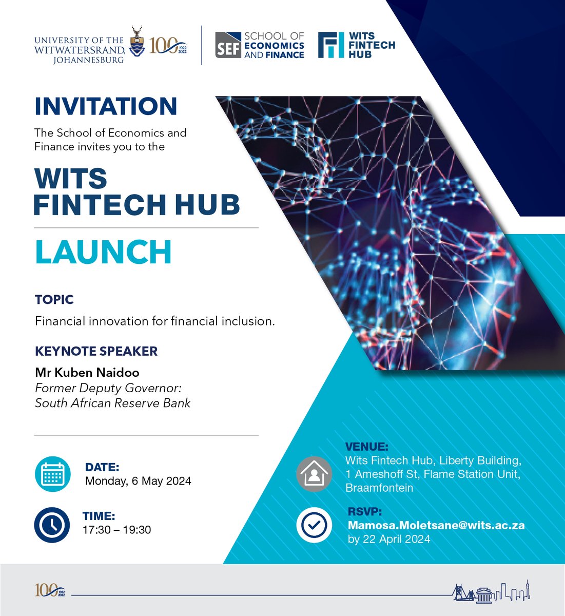 INVITATION🚨 | You are invited to the Wits Fintech Hub Launch at Wits University. Topic: Financial innovation for financial inclusion Date: 06 May 2024 RSVP by: 22 April 2024 RSVP: Mamosa.Moletsane@wits.ac.za Time: 17:30 Venue: Wits Fintech Hub, Liberty Building #WitsForGood