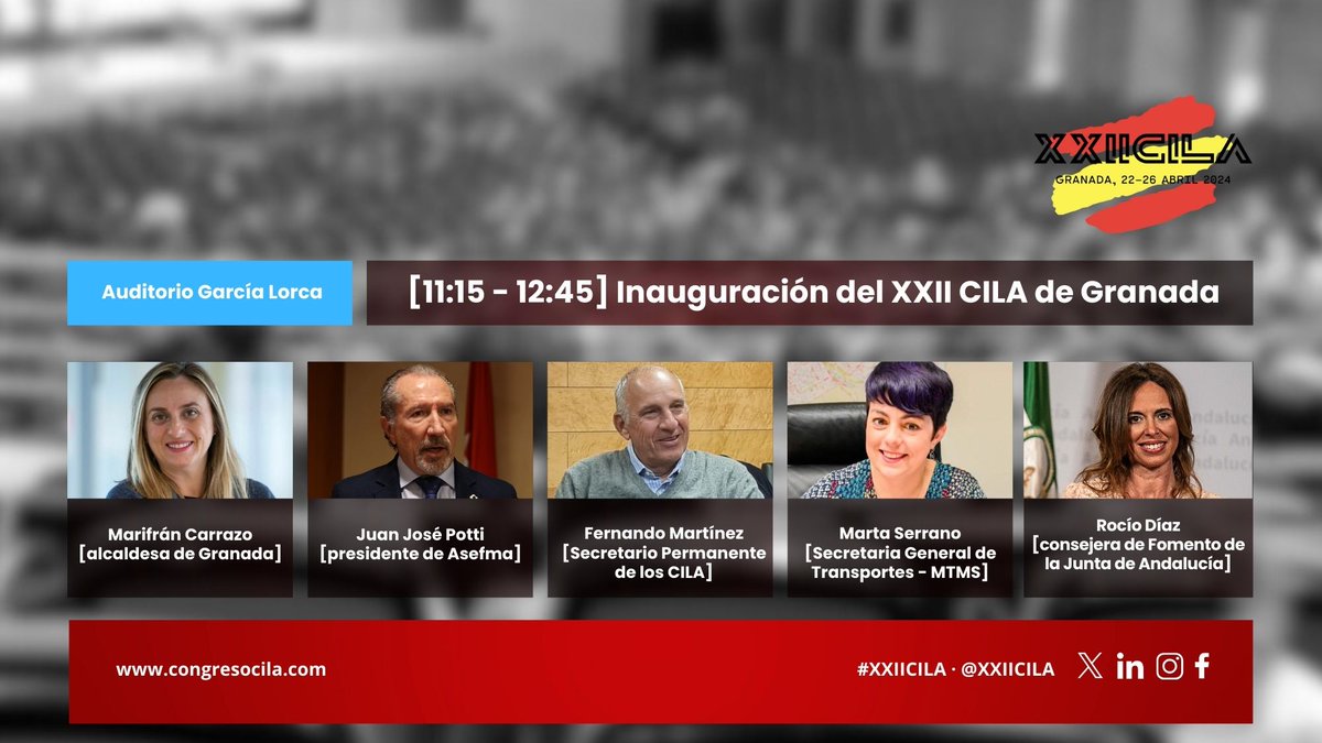 XXIICILA's tweet photo. ¡Llega el momento de la Inauguración del #XXIICILA de Granada! Intervienen: 

@marifrangr, alcaldesa de @aytogr
@jjpotti de @asefma_es
Fernando Martínez, secretario CILA 
@Marta_Serrano de @transportesgob
@Rocio_DiazJ de @FomentoAND 

Seguidla en directo👉 https://t.co/G9SxWjc9Vf https://t.co/DlbYpJX72K