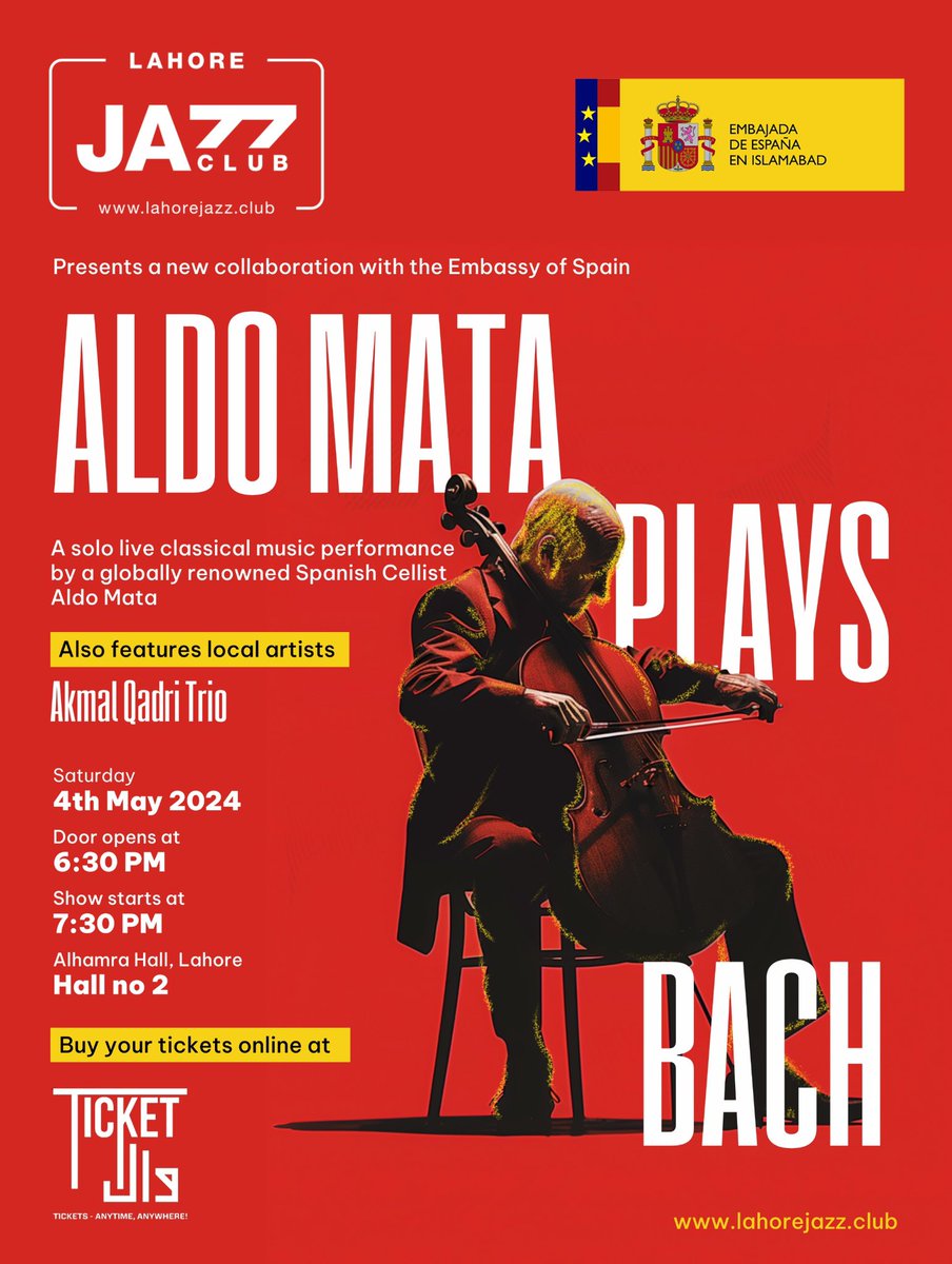 Spanish cellist Aldo Mata returns to Lahore on 4 May to perform JS Bach's suites No 4, 5 and 6 for unaccompanied cello. Spanish culture 🇪🇸 present again at Alhamra Arts Council @AlhamraLAC . Don't miss it!