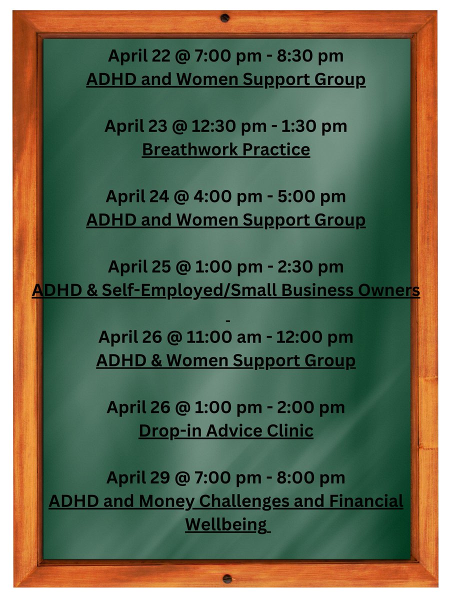 This week's ADHD support groups that you might find helpful. To book please visit adhduk.co.uk/event

#adhdawareness #adhdsupport