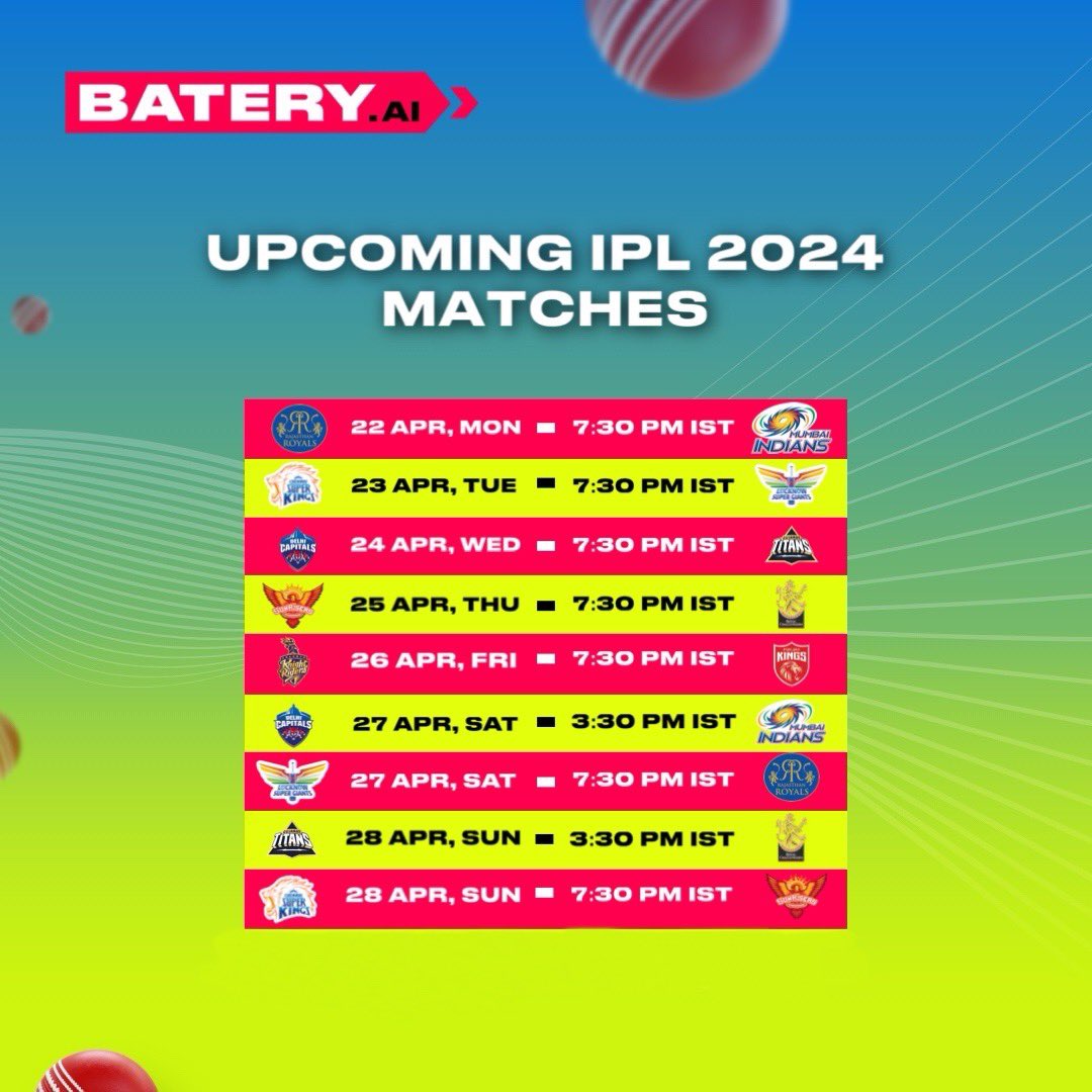 Are you ready for another week of amazing cricket performance? 🏏😍 Check out schedule of upcoming IPL 2024 matches 😉