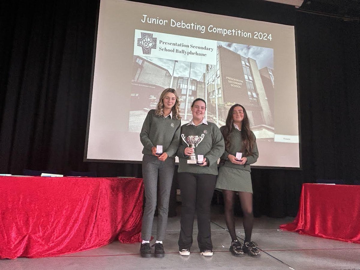 Pres_Bally's tweet photo. A huge congratulations to our two Junior Debating Teams on winning the debate against Mayfield Community School, the second debate against McEgan College, and winning the overall final debate against Le Cheile Secondary School. We are so proud of you. #presentationballyphehane https://t.co/01TwP0Vim0
