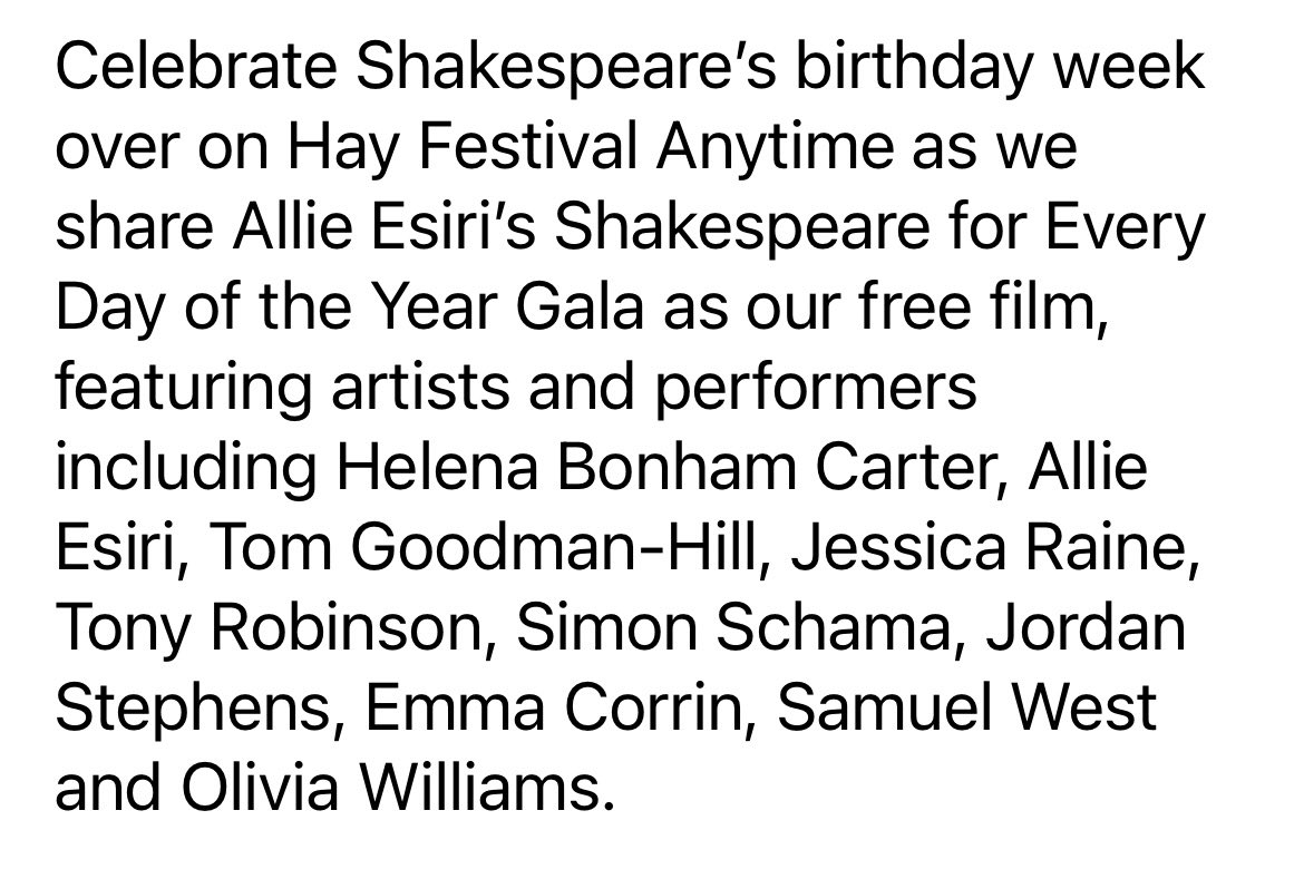Free this week - the most incredible cast from the Hay Festival! Happy 460th Birthday #Shakespeare hayfestival.com/hayplayer/defa…