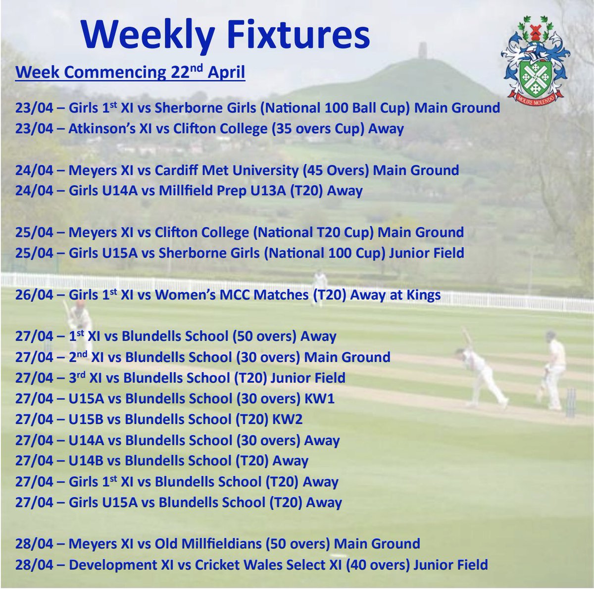 Cricket is back at Millfield🏏👌 Here are our fixutures throughout the first week of term with 4 national cup competitions and a block fixture against Blundells on Saturday. Cannot wait to get started🏏