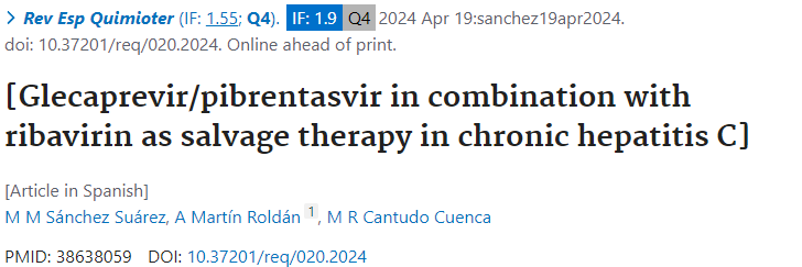 🔬#ProducciónCientífica @hospital_hvn: 

'[Glecaprevir/pibrentasvir in combination with ribavirin as salvage therapy in chronic hepatitis C]' #DifundeCiencia #HUVNdivulga #HUVNinvestiga 

pubmed.ncbi.nlm.nih.gov/38638059/ doi.org/10.37201/req/0…