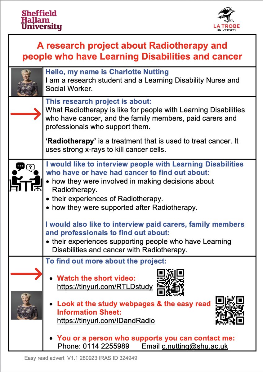 Hi, did you know I’m inviting people aged 18+ who have a Learning Disability, family members, carers &amp; professionals in England to interviews to explore experiences of Radiotherapy decision making, treatment &amp; support. Web: tinyurl.com/IDandRadio Video: tinyurl.com/RTLDstudy