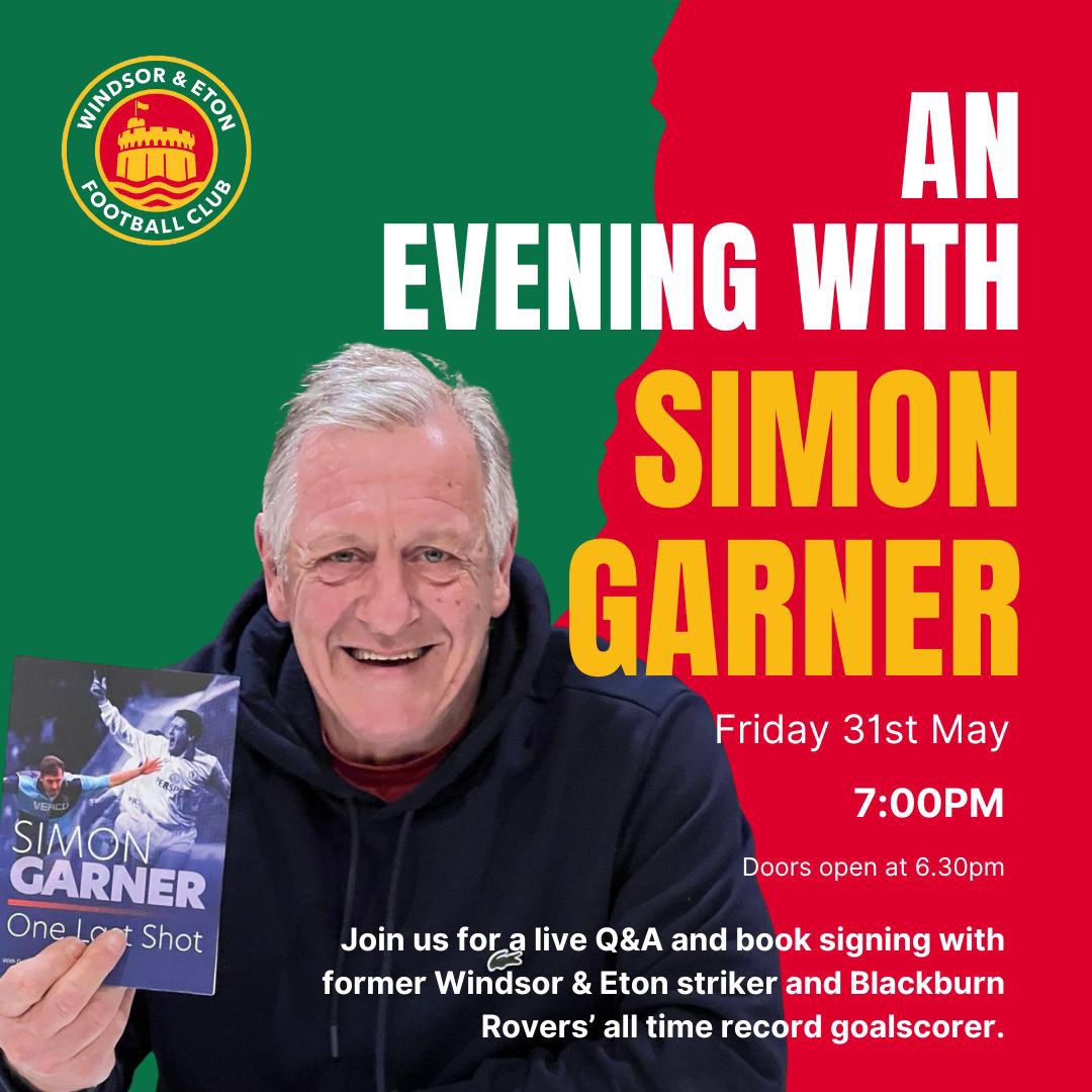 Got your tickets for an evening with me at @WindsorEtonFC yet? 💚❤️ Live Q&A and book signing on 31 May. 7pm start. Any #Rovers #WBA #Chairboys #Wealdstone fans in the area I’d love to see you! Link for tickets 👉 eventbrite.co.uk/e/an-evening-w…