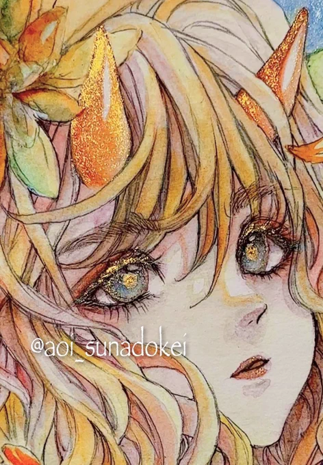 水彩絵が完成した!!やったー!!可愛い綺麗〜2枚目におめめと角の所のキラキラがよくわかる動画も付けたので、そちらも是非ご覧ください(※動画は音声なしです) 