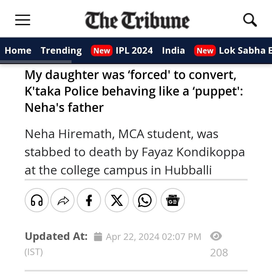 erbmjha's tweet photo. Shocking revelations by Niranjan Hiremath in Love Jihad case:

- Neha was 𝐟𝐨𝐫𝐜𝐞𝐝 to convert to 𝐈𝐬𝐥𝐚𝐦

- "Hubballi-Dharwad police Commissioner Renuka Sukumar is behaving like a 𝐩𝐮𝐩𝐩𝐞𝐭”

- Fayaz was trying to convert Neha for last 2 yrs 

- "Students, batch mates & outsiders passed on information & ensured that Neha was murdered"