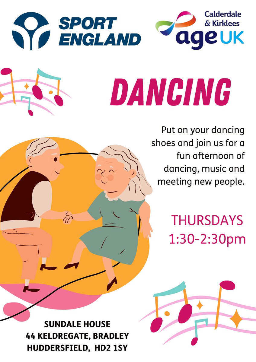 With funding from Sport England, we are pleased to announce that we have launched weekly dancing sessions at our Sundale House wellbeing centre in Huddersfield, open to anyone who wants to join.

The sessions will take place every Thursday from 1:30pm-2:30pm.

Let's get dancing!