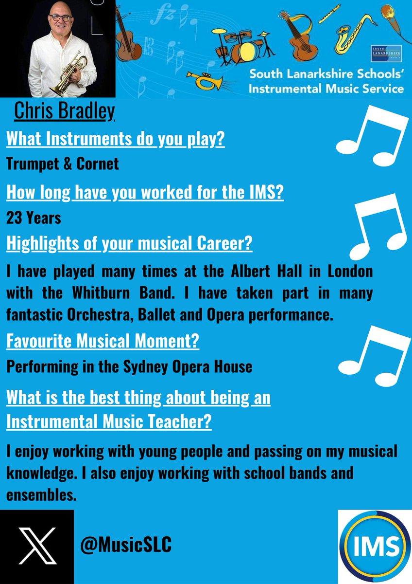 Meet the Team Drumroll, please! Introducing the virtuoso of the cornet, Chris Bradley! Chris can regularly be seen performing to audiences across the UK and Worldwide, in some of the finest venues!! 🎺@CreativeScots @bb_brains @EducationSLC #MeetTheTeam #YMusicMatters