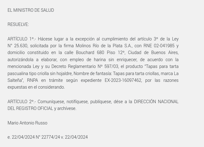 y hoy otra vez... El ministro de Salud Mario Russo no entrega medicamentos pero tiene tiempo para autorizar a Molinos Rio de la Plata, de la familia Perez Companc, a hacer tapas de empanada de peor calidad porque la empresa dice que si usan harina adicionada (obligatoria para