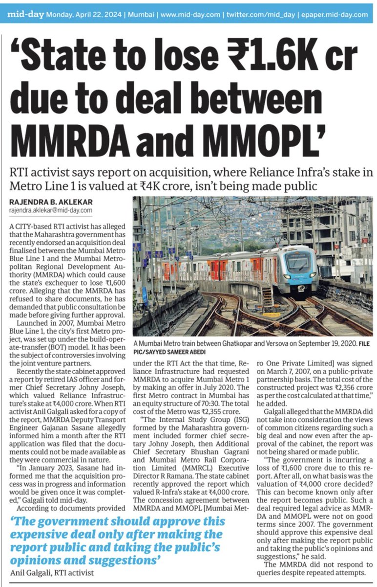 Maharashtra govt's Mumbai Metro Blue Line One 'buy-back deal' is leading to Rs 1,600 crore loss, MMRDA refuses to share report, alleges city-based RTI activist @ANILGALGALIRTI Details here: mid-day.com/mumbai/mumbai-…