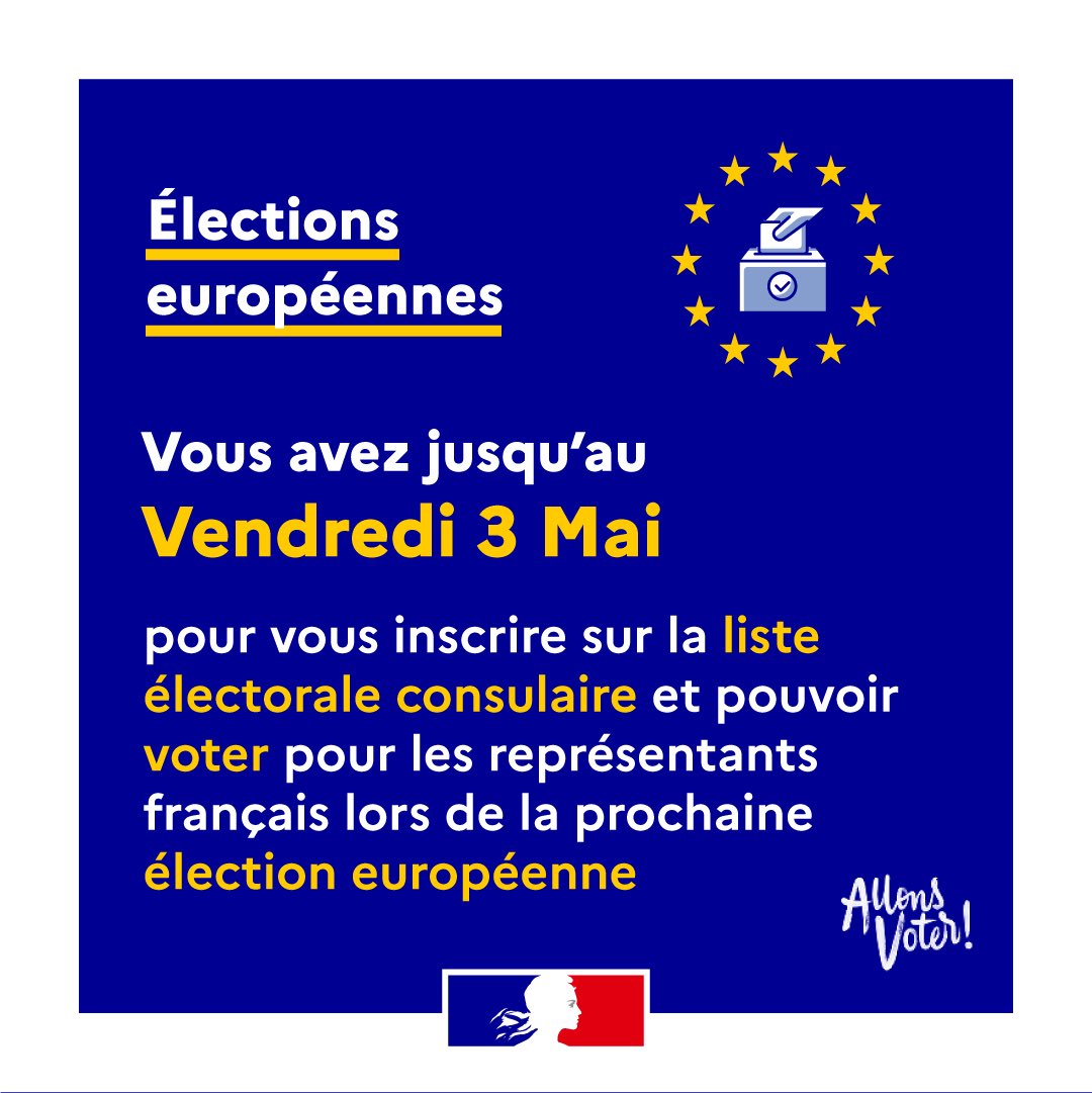 🇪🇺🗳️ À tous nos Françaises et Français de l'étranger : vos voix comptent. Vous avez jusqu'au vendredi 3 mai pour vous inscrire sur la liste électorale consulaire. Retrouvez les informations nécessaires sur le site @FranceDiplo : diplomatie.gouv.fr/fr/