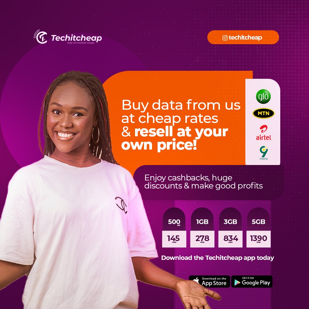 TechItCheap's tweet photo. Looking to make some extra cash? 📱💰

Buy data from us at cheap rates and resell at your own price!

Download Techitcheap app today and 
start your journey to financial success now! 💸 #Techitcheap #Resell #Profits https://t.co/0i5zlv1tdg