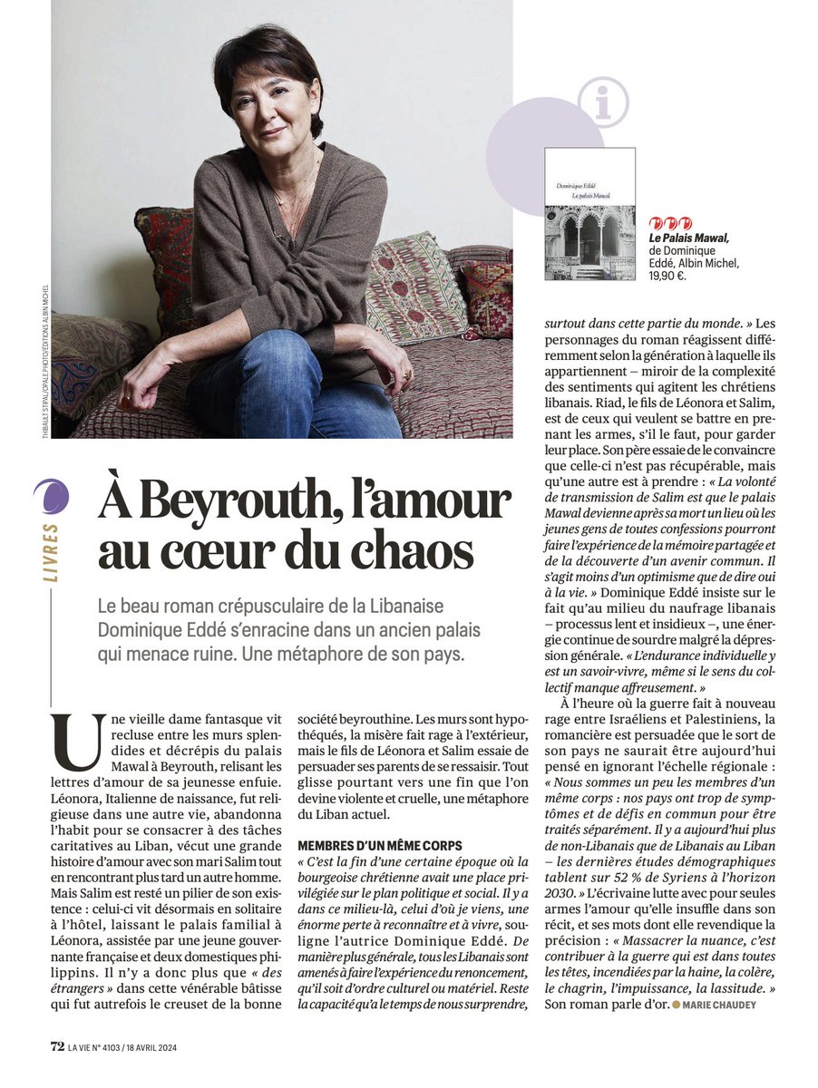 Article et extrait de l’entretien de Dominique Eddé dans @LaVieHebdo à l’occasion de la parution de son dernier livre LE PALAIS MAWAL. Merci à Marie Chaudey ! @AlbinMichel