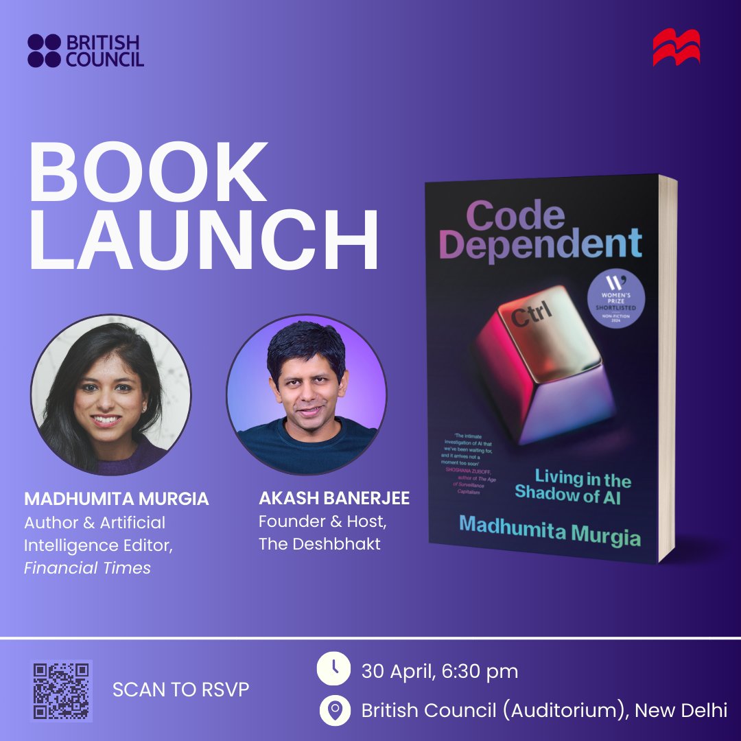 Join us at the British Council (@inBritish) on 30 April at 6:30 pm for the New Delhi launch of the @WomensPrize-shortlisted CODE DEPENDENT by @madhumita29! Madhumita will be in conversation with none other than @TheDeshBhakt! RSVP here: forms.gle/L213SSF55zEpEG…