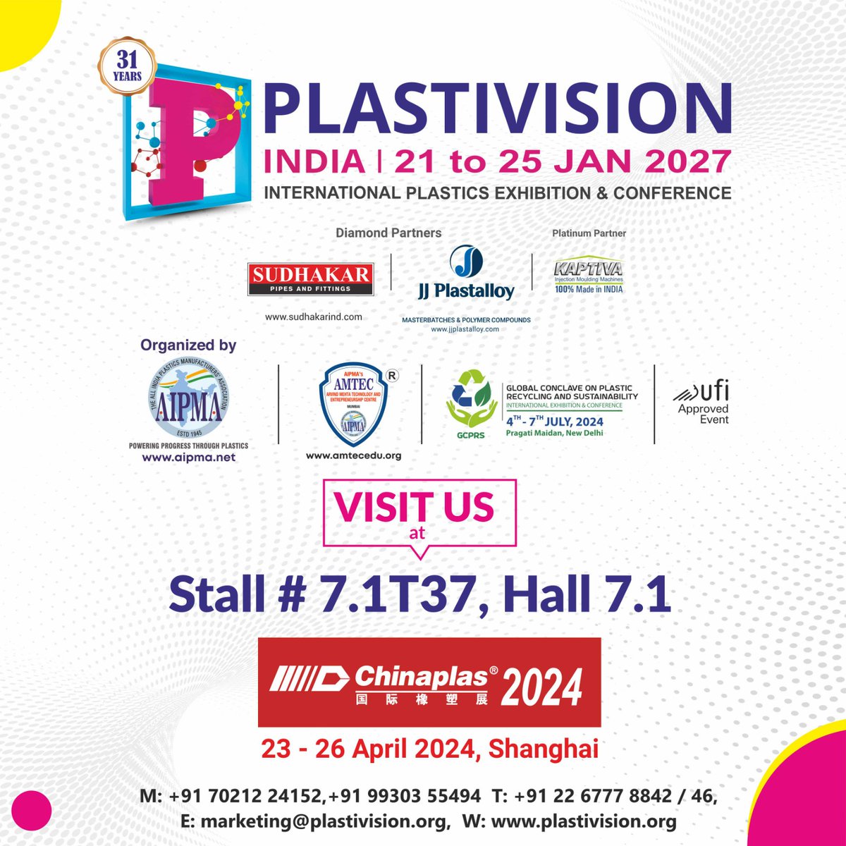 Plastivision India : Join us at Stall no 7.1 T37, Hall 7.1 from April 23rd to 26th in Shanghai, China.Chinaplas 2024.

Promoting Indian plastic sector to global audience

See you there!

#PlastivisionIndia #Chinaplas #Global #PlasticPositve