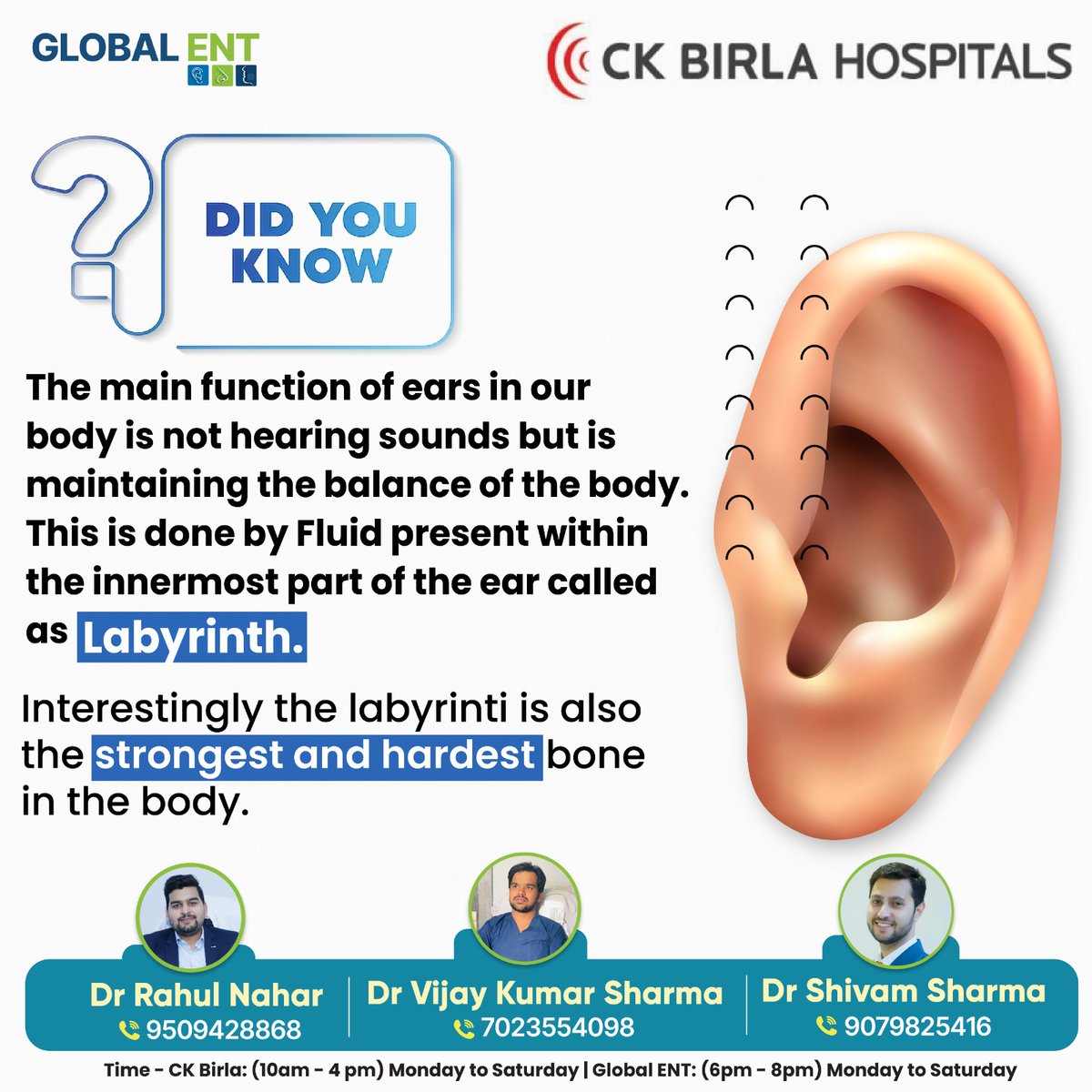 Did you know? While we often associate ears with hearing, their primary role is maintaining balance, thanks to the intricate labyrinth and fluid within. Surprisingly, the labyrinth is also the body's strongest and hardest bone.

#ENTclinic #ENTspecialist #Otolaryngologist