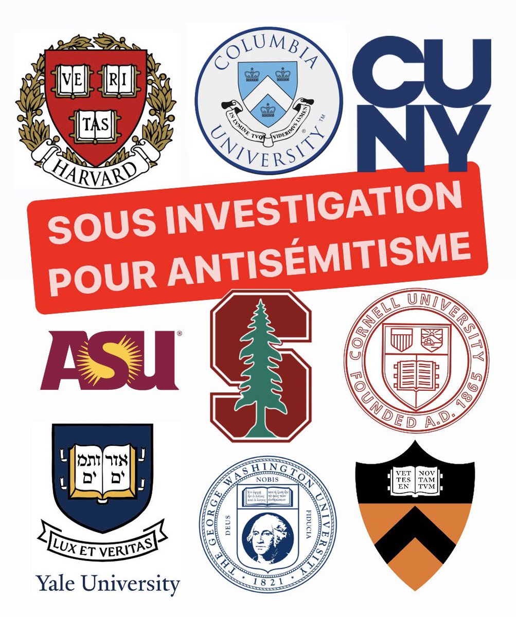 🇺🇸 Le ministère américain de l’Éducation répertorie les 45 Universités et Grandes Écoles faisant l’objet d’enquête pour antisémitisme: - ARIZONA STATE UNIVERSITY - CARNEGIE MELLON - COLUMBIA UNIVERSITY  - COOPER UNION  - CORNELL UNIVERSITY  - CUNY BROOKLYN COLLEGE  - CUNY