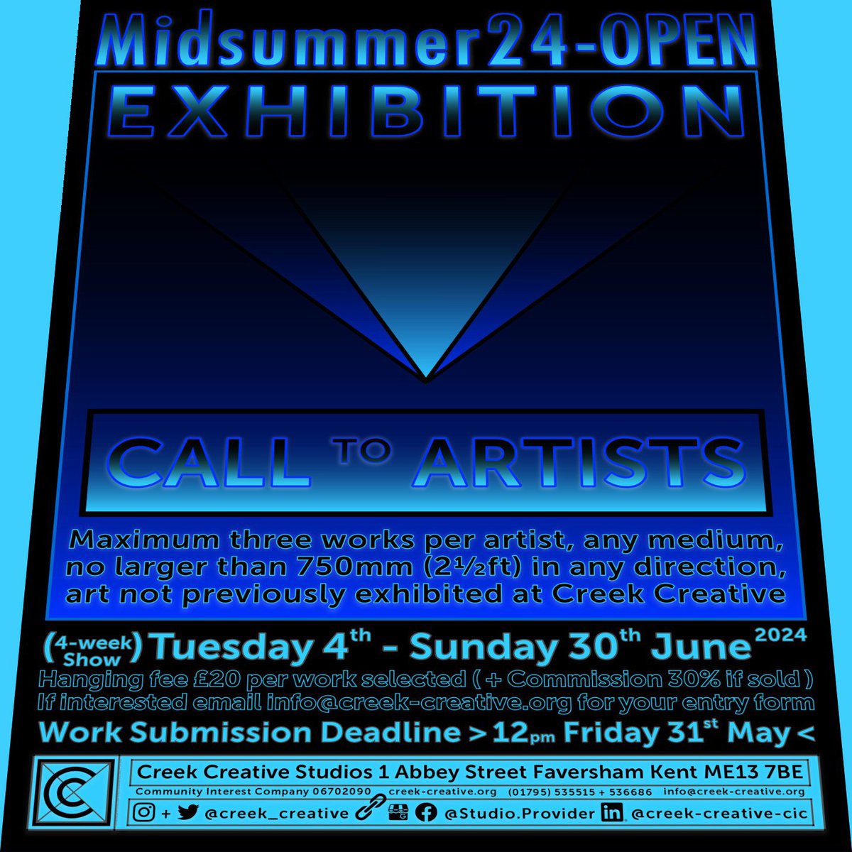 creek_creative's tweet image. Reminder for our Midsummer24-OPEN Exhibition #CallToArtists in a 4-week #GroupShow #OpenShow (Tue 4th - Sun 30th June, Upper Gallery) #HangingFee £20/work, max 3/artist, size max 75cm +30% commission. Submit form by Noon Wed 29th + work by Fri 31st May &amp;gt;&amp;gt;&amp;gt; info@creek-creative.org