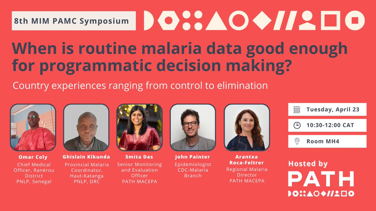 Attending #MIM2024 in #Kigali? Join us TOMORROW for the @PATHtweets -hosted symposium 'When is routine #malaria data good enough for programmatic decision making? Country experiences ranging from control to elimination.' 📅 Tuesday, April 23 🕐 10:30-12:00 CAT 📍 Room MH4