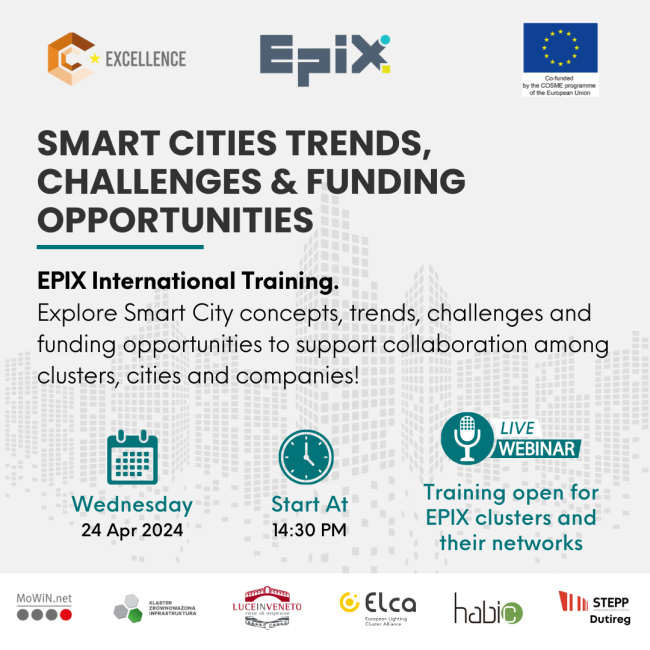 💡EPIX International Training on Smart Cities trends, challenges & funding opportunities by @ElcaCluster! 🗓24 April 🎯to support collaboration among clusters, companies & cities Register NOW via the #ECCP👉 clustercollaboration.eu/community-even…