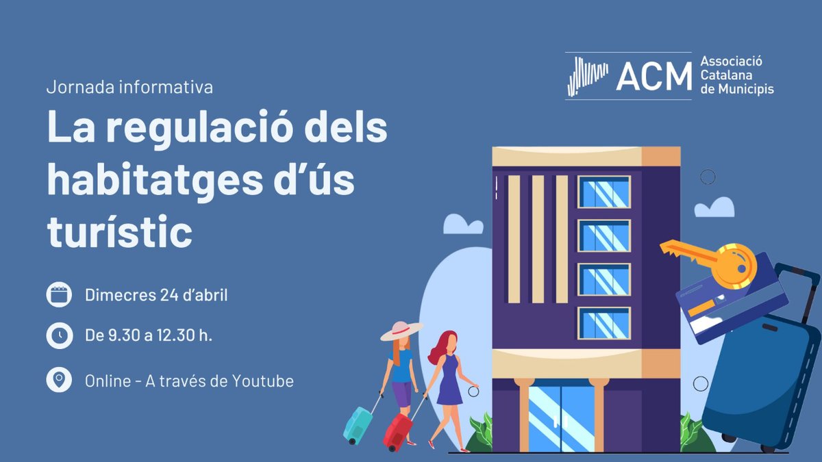 📢 Últims dies per inscriure's a la jornada informativa 'La regulació dels habitatges d'ús turístic' 📅 24 d'abril ⌚ 9.30h a 12.30 h. 📍 Online 📲 Inscriu-te i t'enviarem l'enllaç per seguir-la! ℹ Més informació: acm.cat/formacio/afeda…