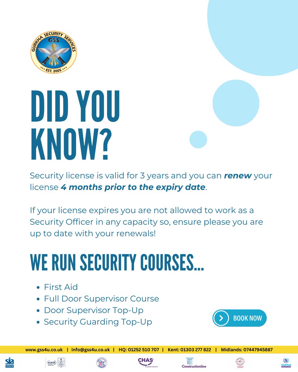 Call 01252 510707 or visit gss4u.co.uk to book your security course today! 

#gurkhasecurity #securityservices #mannedguarding  #londonsecurity #securitytips #securityadvice #officesecurity #securitycourses #securitycourse #sialicence #siacourse