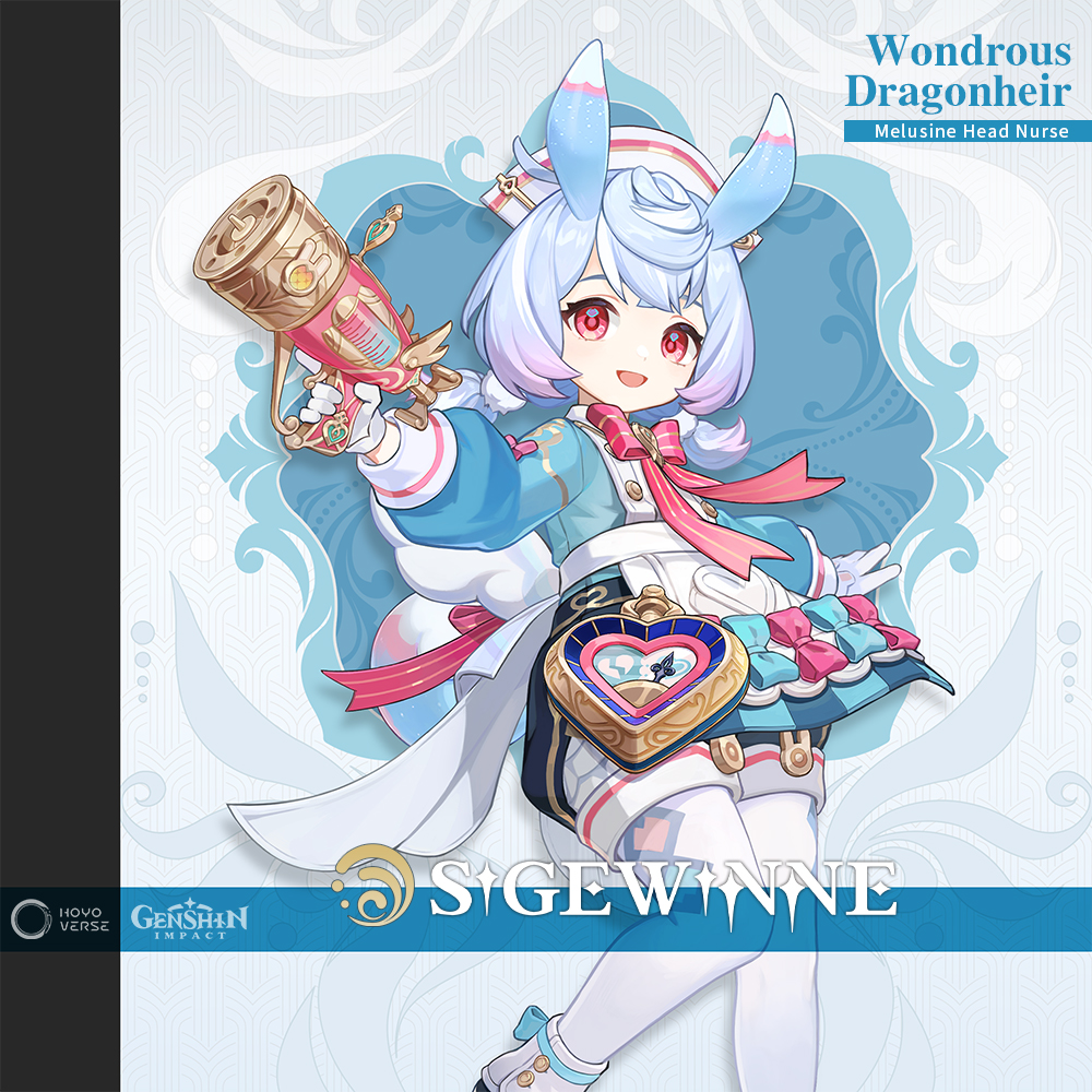 #Sigewinne: Wondrous Dragonheir
Melusine Head Nurse #GenshinImpact

The infirmary is the warmest place in the Fortress of Meropide, where the sun fails to shine.
Rumor has it that the head nurse, who manages said infirmary, is also its founder. The Fortress has changed hands in