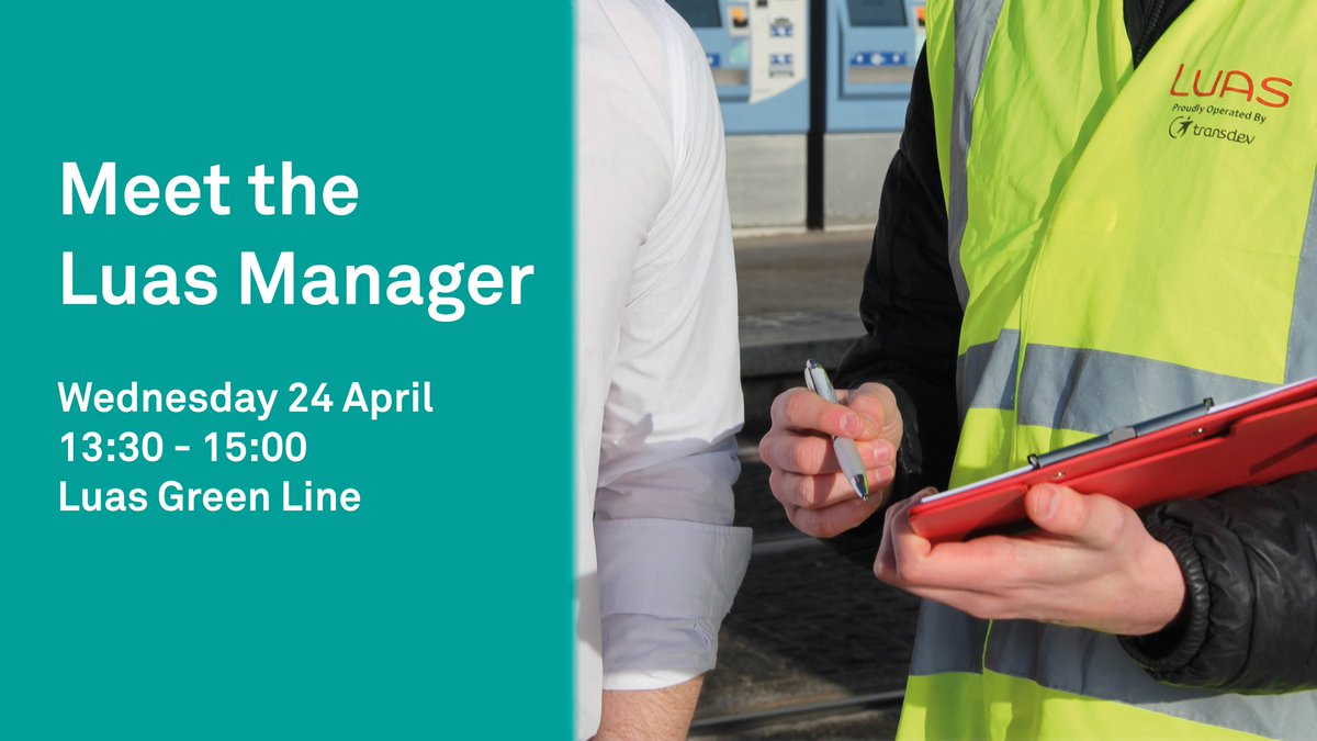 If you're travelling on the Luas Green Line, Wednesday 24 April 2024, keep an eye out for Luas Managers between 13:30 to 15:00. 'Meet the Luas Manager' and let us know what you think about #Luas. Can't make it in person? See luas.ie/MeetTheManager… for more.
