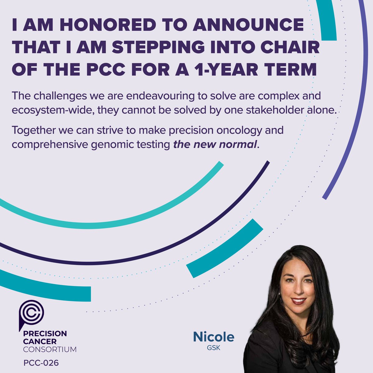 PCCconsortium's tweet photo. I am honored to announce that I am stepping into Chair of the PCC for a 1-year term. Huge thanks to outgoing Chair Cecilia Schott and new Vice-Chair Gabriele Allegri. PCC, pts and HCPs are all on this journey together;to make precision oncology and genomic testing the new normal. https://t.co/q1HvOeYPGA