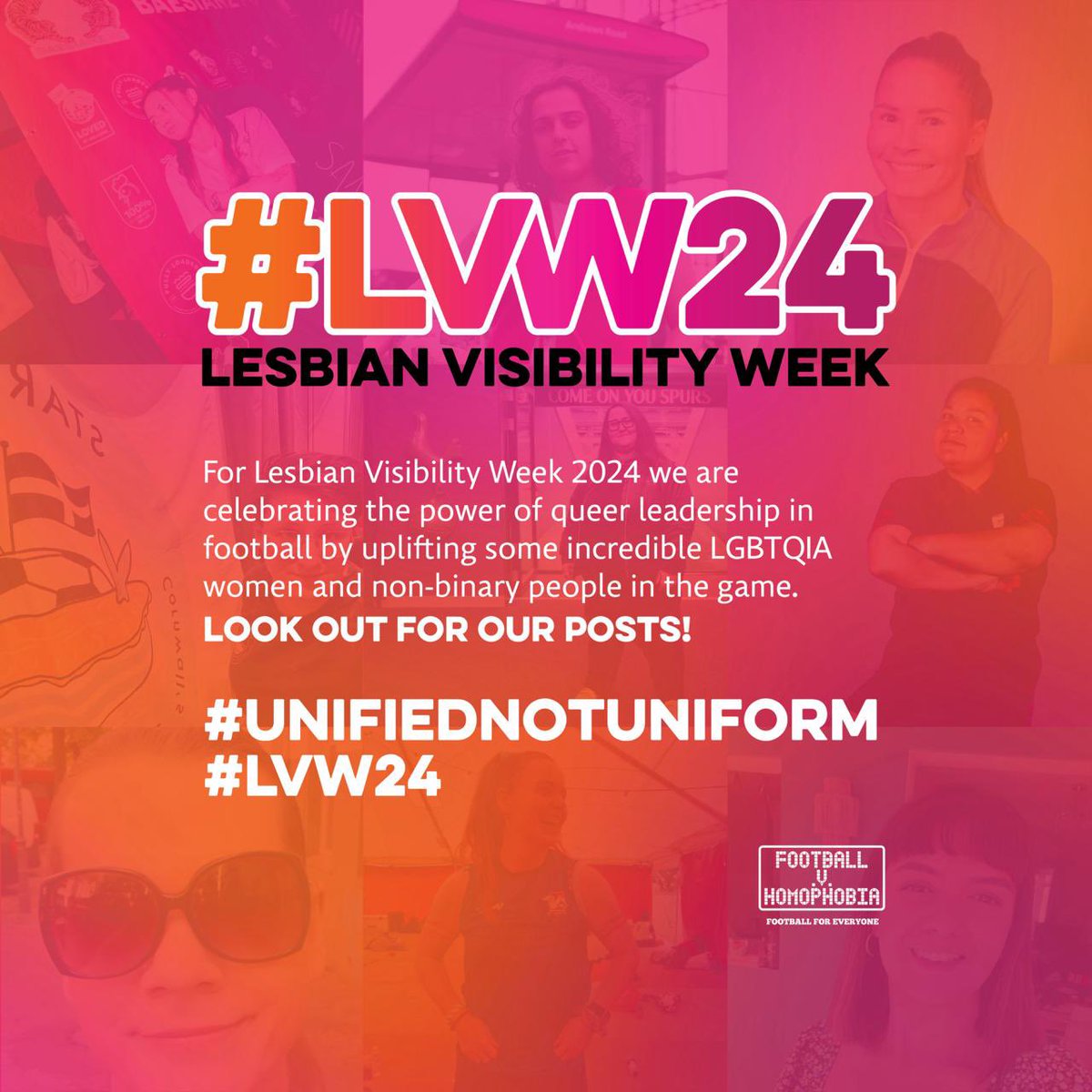 For Lesbian Visibility Week 2024 we are celebrating the power of queer leadership in football by uplifting some incredible LGBTQIA women and non-binary people in the game. Look out for our posts! 

#UnifiedNotUniform
#LVW24