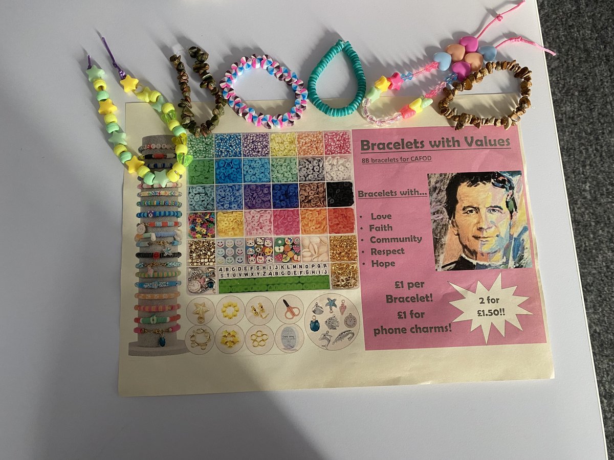 During Lent, 8B created their own business idea to raise money for charity: ‘Bracelets with Values’, a range of bracelets that link to our core values. Students promoted the idea and even persuaded other year groups to buy a bracelet, raising a whopping £110!