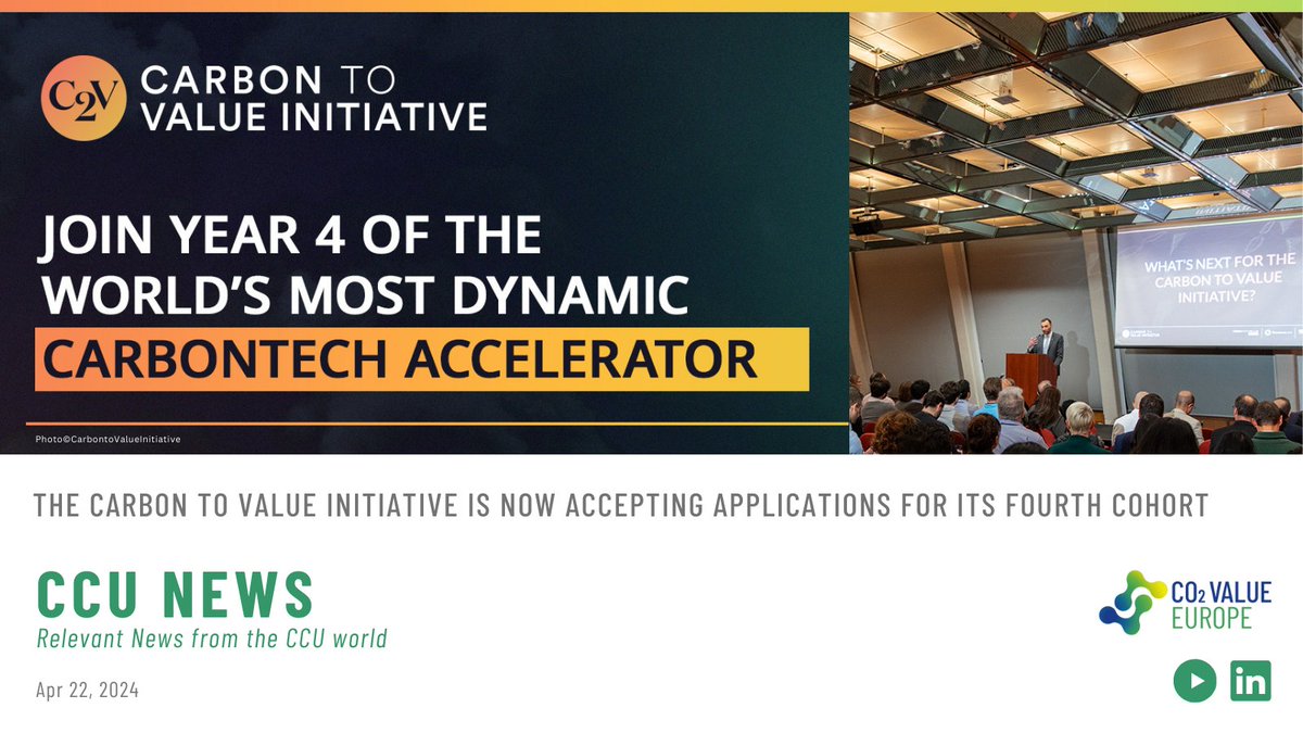 Applications are open to #carbontech startups for Year 4 of the #C2VInitiative - of which @CO2ValueEU is a member of its CLC! Apply by June 21 to accelerate your carbontech innovations with @UrbanFutureLab, @Fraunhofer_USA, & @GreentownLabs. More at shorturl.at/cLRX7.