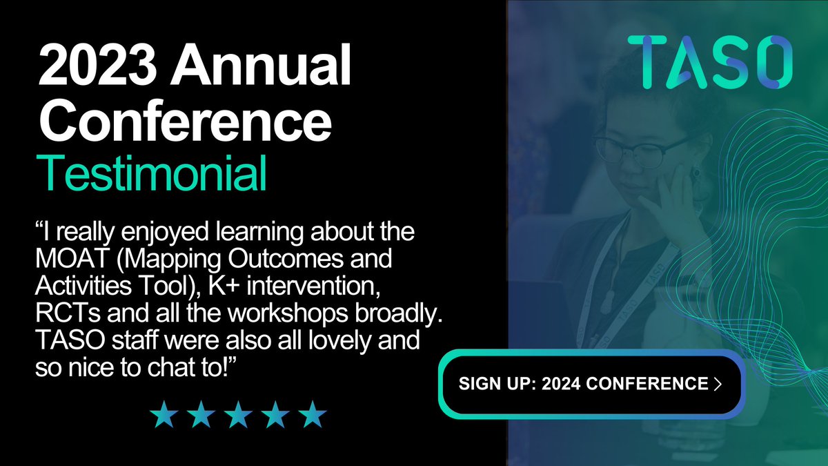 This is your final chance to book tickets for our Annual Conference ‘How to Evaluate’! Still unsure about attending? Hear what a satisfied 2023 attendee said 💬 Don’t miss out on the chance to improve your evaluation skills! 🔗taso.org.uk/event/annual-c… #TASOCon2024