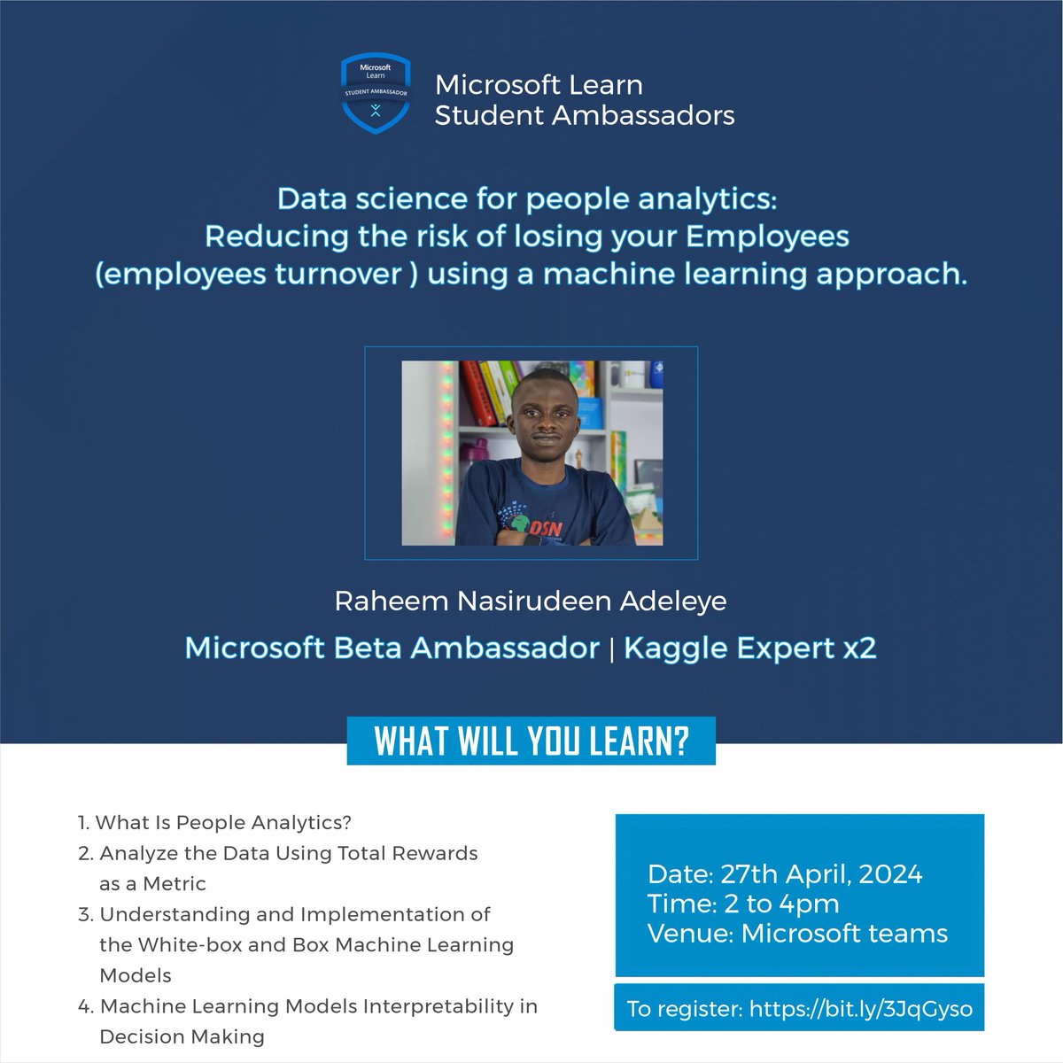 Join Nasirudeen Raheem on the 27th of April 2024 as he takes us on the topic 'Data Science For People Analytics.' Click the link below to register now: bit.ly/3JqGyso