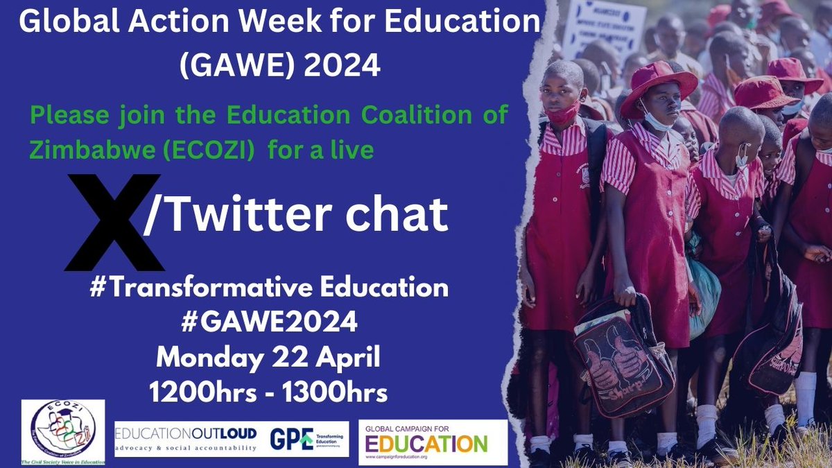 Today marks the beginning of this year's Global Action Week for Education (GAWE) celebrated under the theme Transformative Education.
Join us Now for a discussion on key steps that can be taken to ensure that we transform education in Zimbabwe.

#GAWE2024