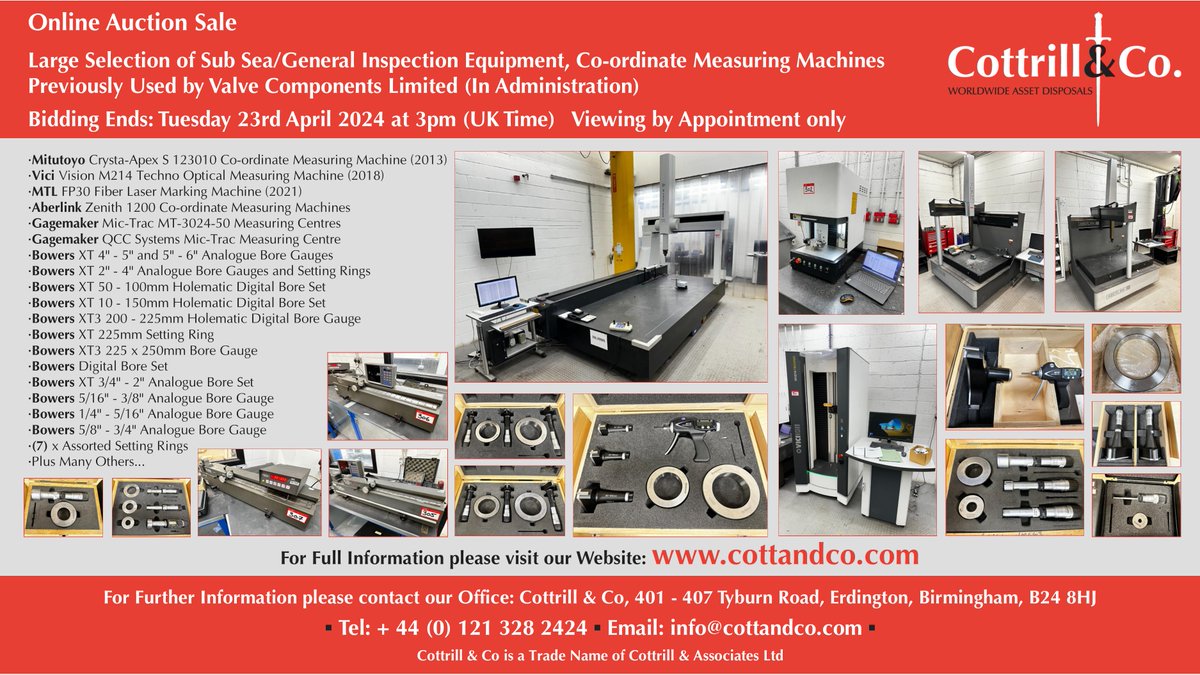 📆 Online #Auction Sale - 23 April 2024 - Large Selection of Sub Sea/General Inspection Equipment, Co-ordinate Measuring Machines Used by Valve Components Ltd #cnc #EngineeringUK #engineering #ukmfg #usedmachines #manufacturinguk #manufacturing

Link: cottandco.com/en/lots/auctio…