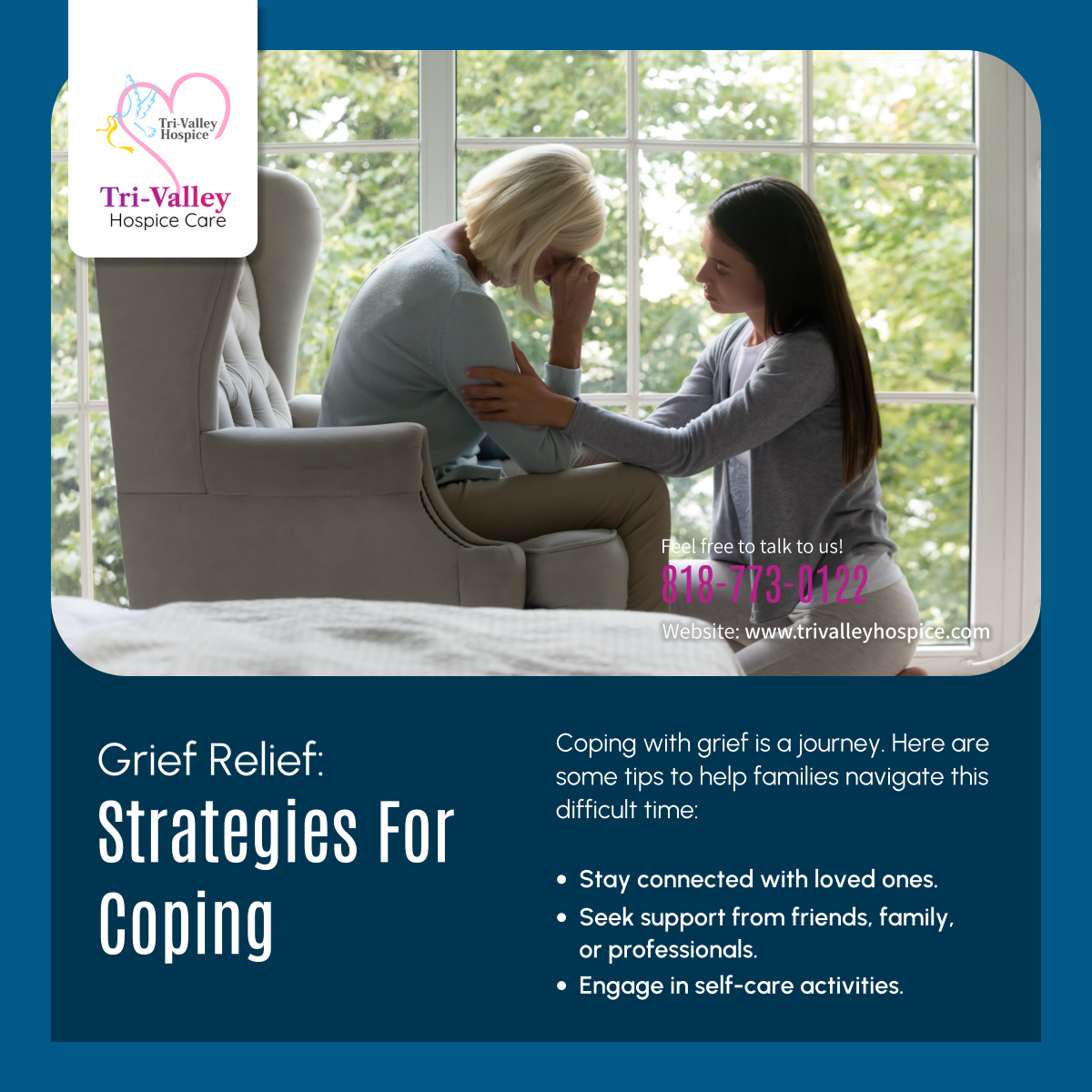 Coping with grief is easier with support. Stay connected, seek support, and practice self-care. Together, we can honor memories. 

#ChatsworthCA #HospiceCare #GriefSupport #FamilySupport #SelfCare