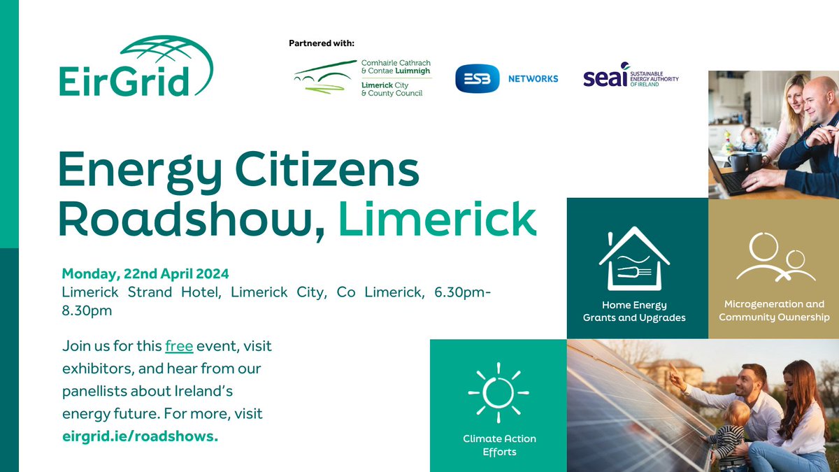 📢 Our latest #Energy #Roadshow is today!📢 Join us @LimerickStrand Hotel to engage with us and exhibitors. Learn about #HomeEnergy Upgrades, #WindMicrogeneration, #SolarPanelling, and more! ℹ️ Find out more & register for this free event here: bit.ly/49NjmPD