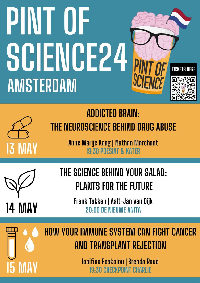 Amsterdam, #Pint24 is coming for you in a few weeks! 🧠 🪴⚕️Leading researchers will present research on neuroscience, plant systems and immunology! Come along to the #PintNL events at your local pub to learn more. Tickets available now 🎟️