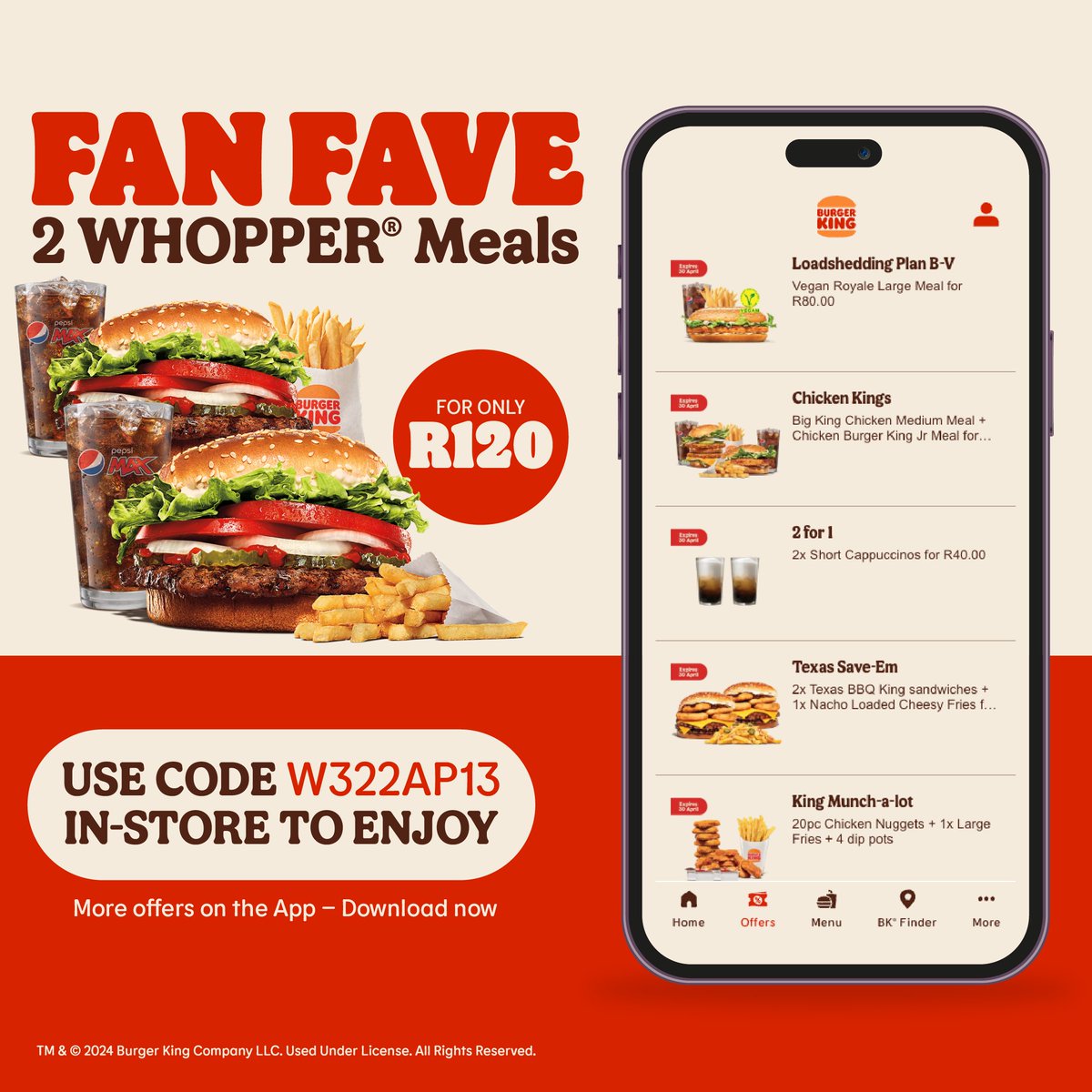 We’re all about the Whopper, Whopper, Whopper…can you tell? ENJOY 2 Whopper® meals for only R120 – it’s the perfect Netflix and chill date. 🔥 Offer only valid until 30 April, quote the coupon code in-store and have a Whopping day, your way. 💫 #BurgerKingSA #BKApp